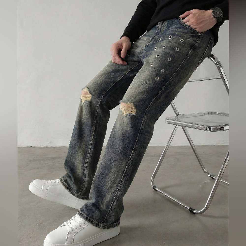 MNML Metal Eyelet Flare Jeans Mens 29 Measure 29x33 Vintage Wash Distress Cotton